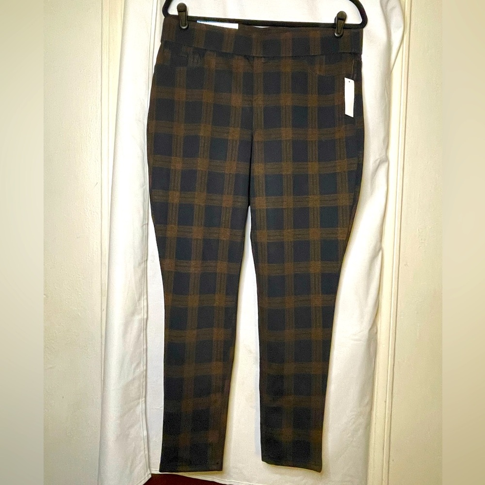 NWT Nine West Heidi Pull On Pant Black & Orange Check Plaid Skinny Pant Size L